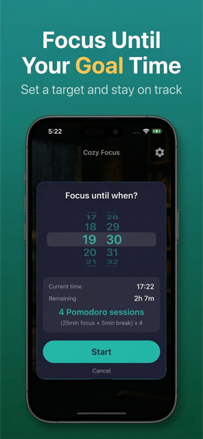 Cozy Focus - Goal Focus mode calculates Pomodoro sessions on iPhone