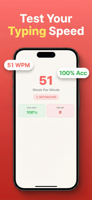 TypeBlitz - Typing speed test showing 51 WPM result on iPhone