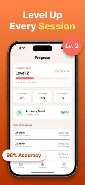 TypeBlitz - Level up progress tracking and stats