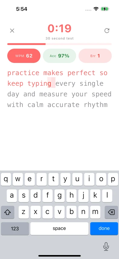 TypeBlitz live typing test showing the iPhone keyboard and real-time WPM, accuracy, and error metrics