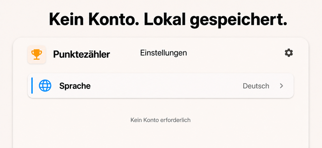 Deutsche Einstellungen von Score Counter mit dem Hinweis, dass kein Konto erforderlich ist